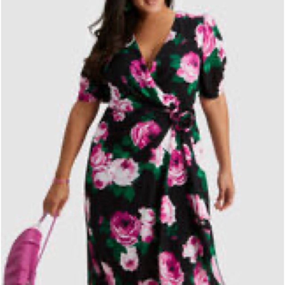 Laura midi dress black with pink floral pattern. Size 16W
